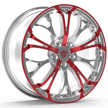 Custom 1-piece fully forged red wheel, RV-MR09, designed for Lincoln MKZ, showcasing polished aluminum finish.